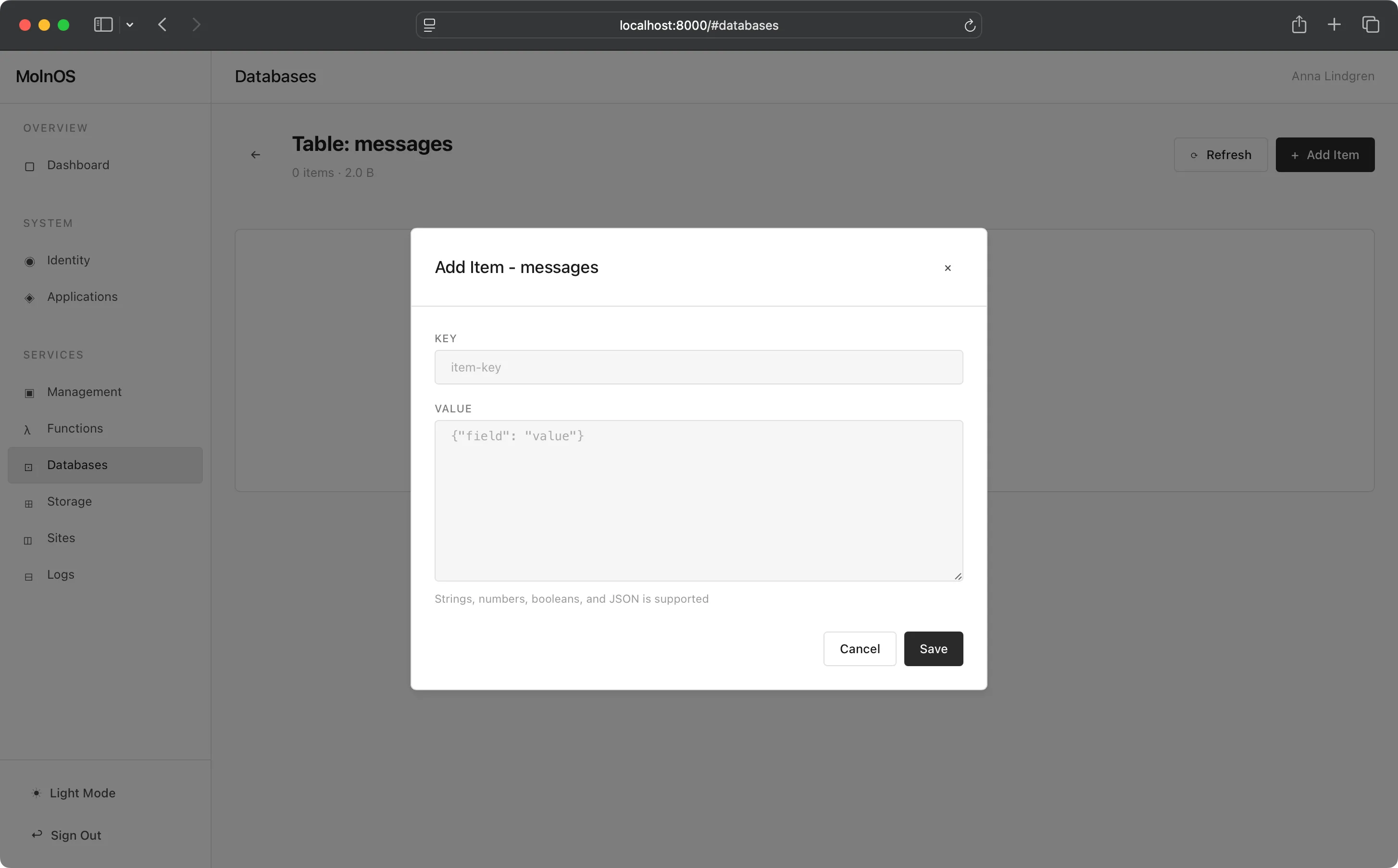 Adding item to Databases